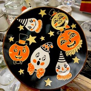 Eli + Ana Retro Style Clowns Halloween Decorative Plate Black and Orange NEW